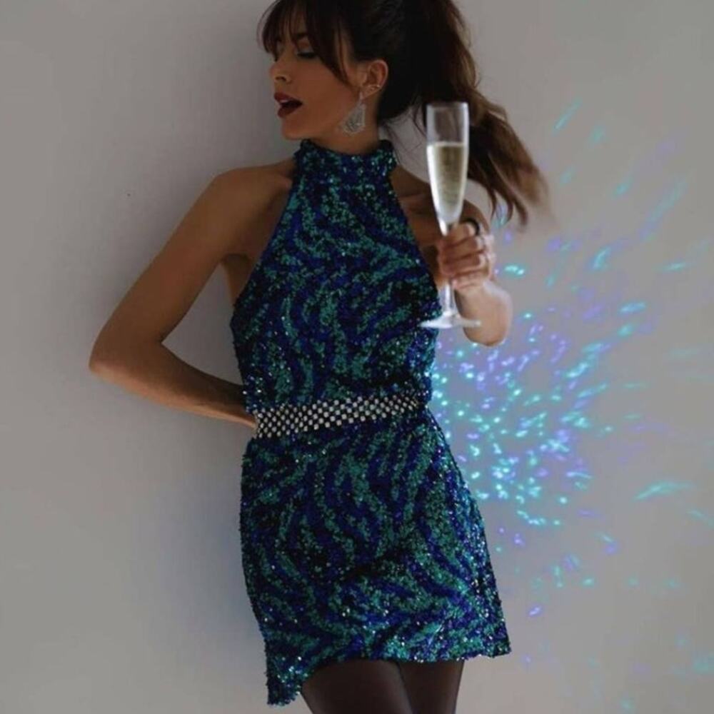 NWT ZARA Halter Mini Dress Blue Green Sequins Size XS